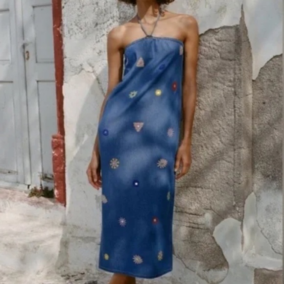 Zara Dresses & Skirts - Zara Chambray Embroidered Midi Dress Women Small Halter Neck